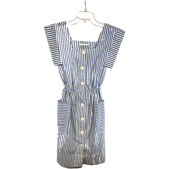 Vintage 80's Blue & White Striped Pinafore Style Dress - Picture 1 of 7